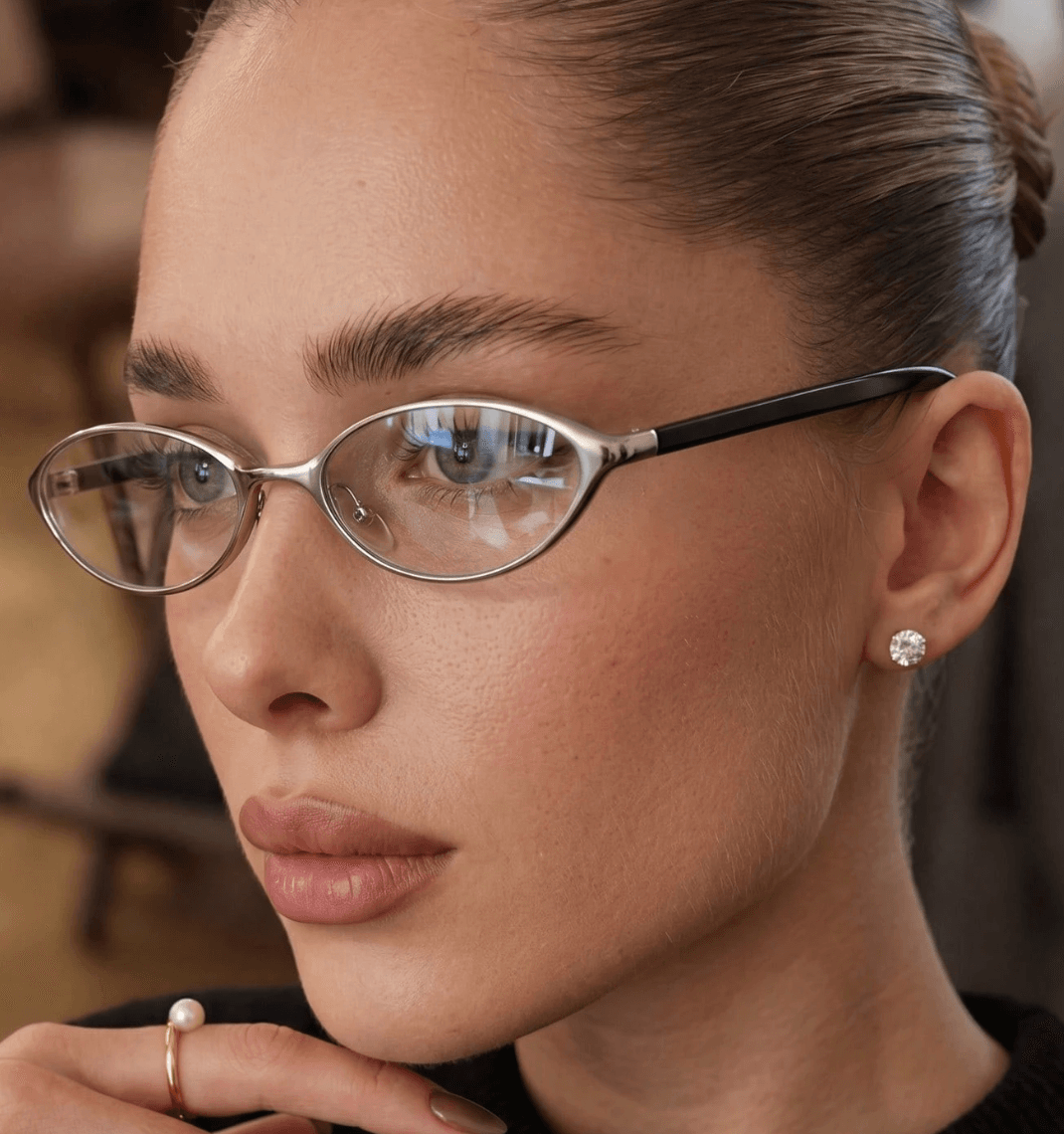 Pair Women's Small Oval Metal Y2K Black and silver Glasses in Black and silver