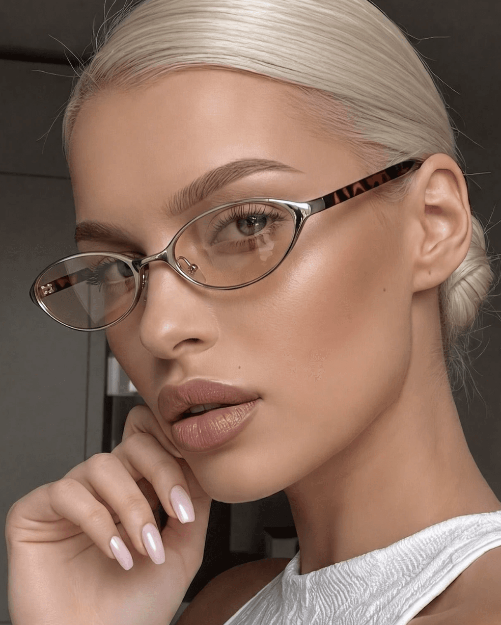 Women's Small Oval Metal Y2K Glasses in brown and orange print
